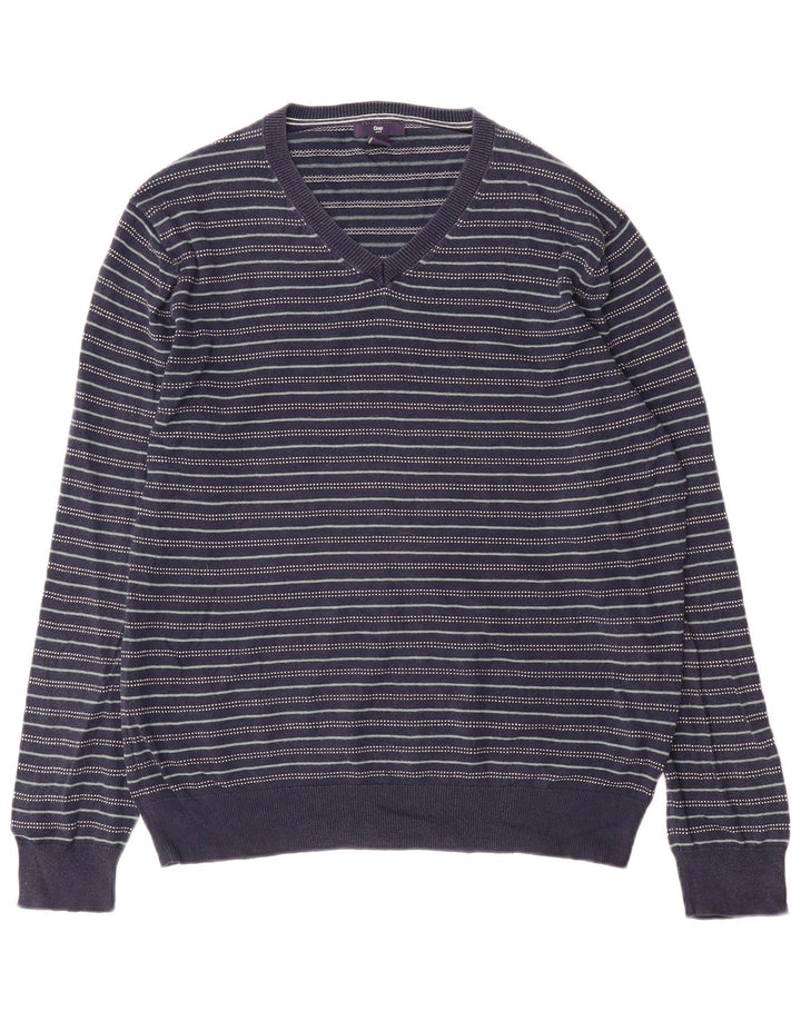 Gap Mens V-Neck Jumper Sweater Medium Navy Blue Striped Cotton