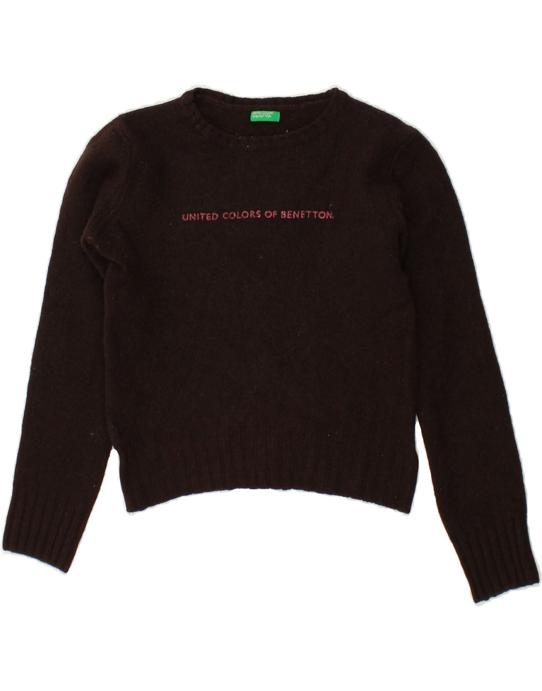 BENETTON Girls Graphic Boat Neck Jumper Sweater 10-11 Years Brown Vintage Benetton and Second-Hand Benetton from Messina Hembry 