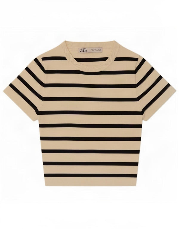 Zara Womens Crop T-Shirt Top UK 14 Large Beige Striped