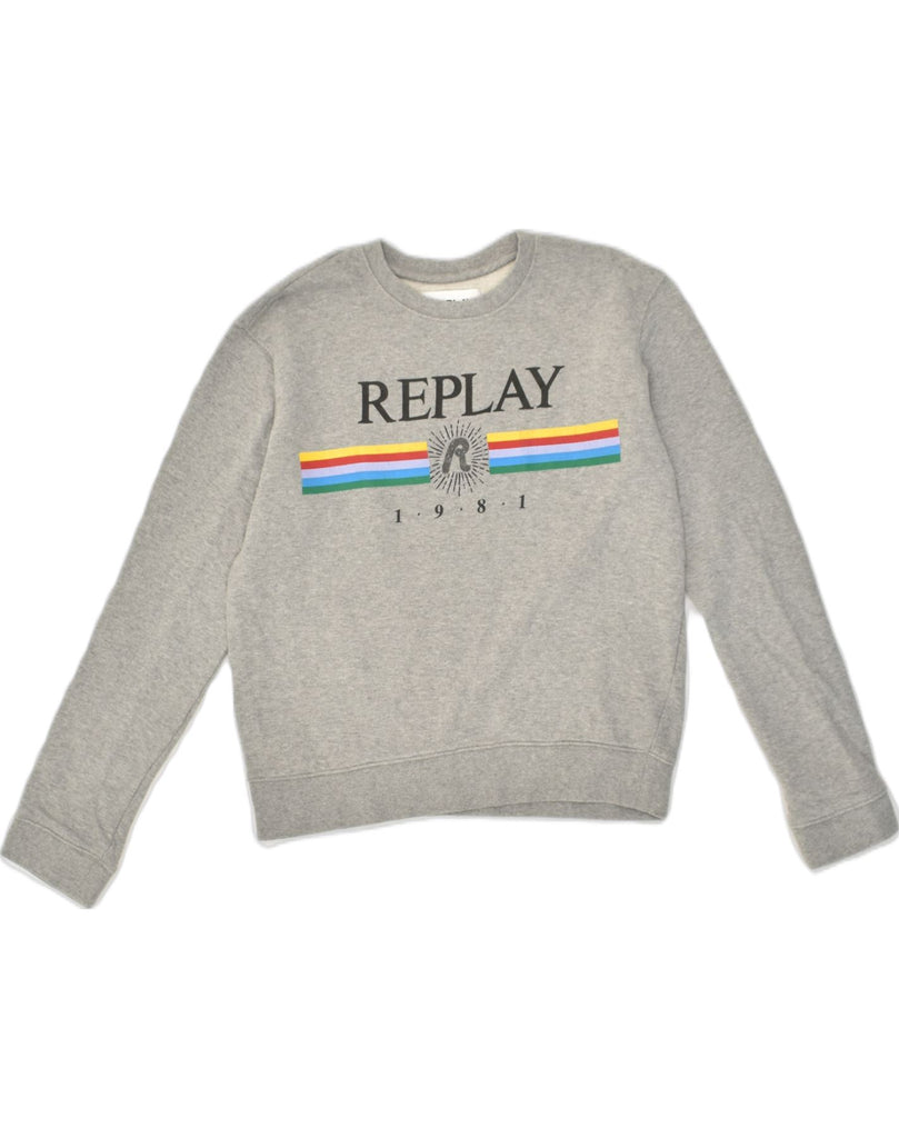 REPLAY Womens Graphic Sweatshirt Jumper UK 8 Small Grey Cotton | Vintage Replay | Thrift | Second-Hand Replay | Used Clothing | Messina Hembry 