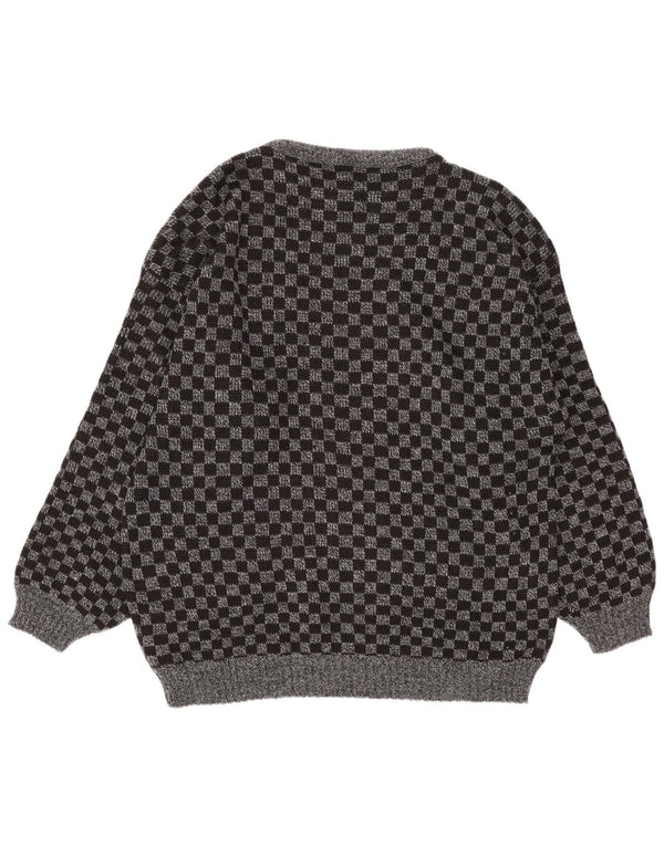 Vintage Mens V-Neck Jumper Sweater Large Grey Geometric Acrylic
