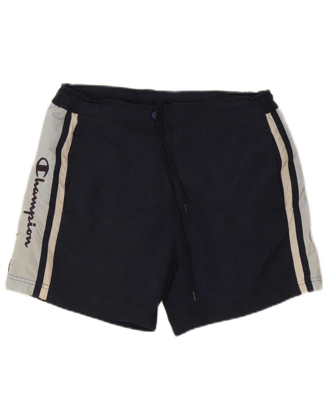 CHAMPION Mens Graphic Sport Shorts Small Navy Blue Colourblock Polyester