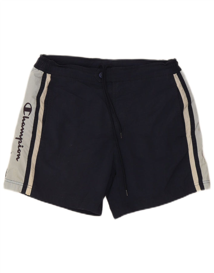 CHAMPION Mens Graphic Sport Shorts Small Navy Blue Colourblock Polyester