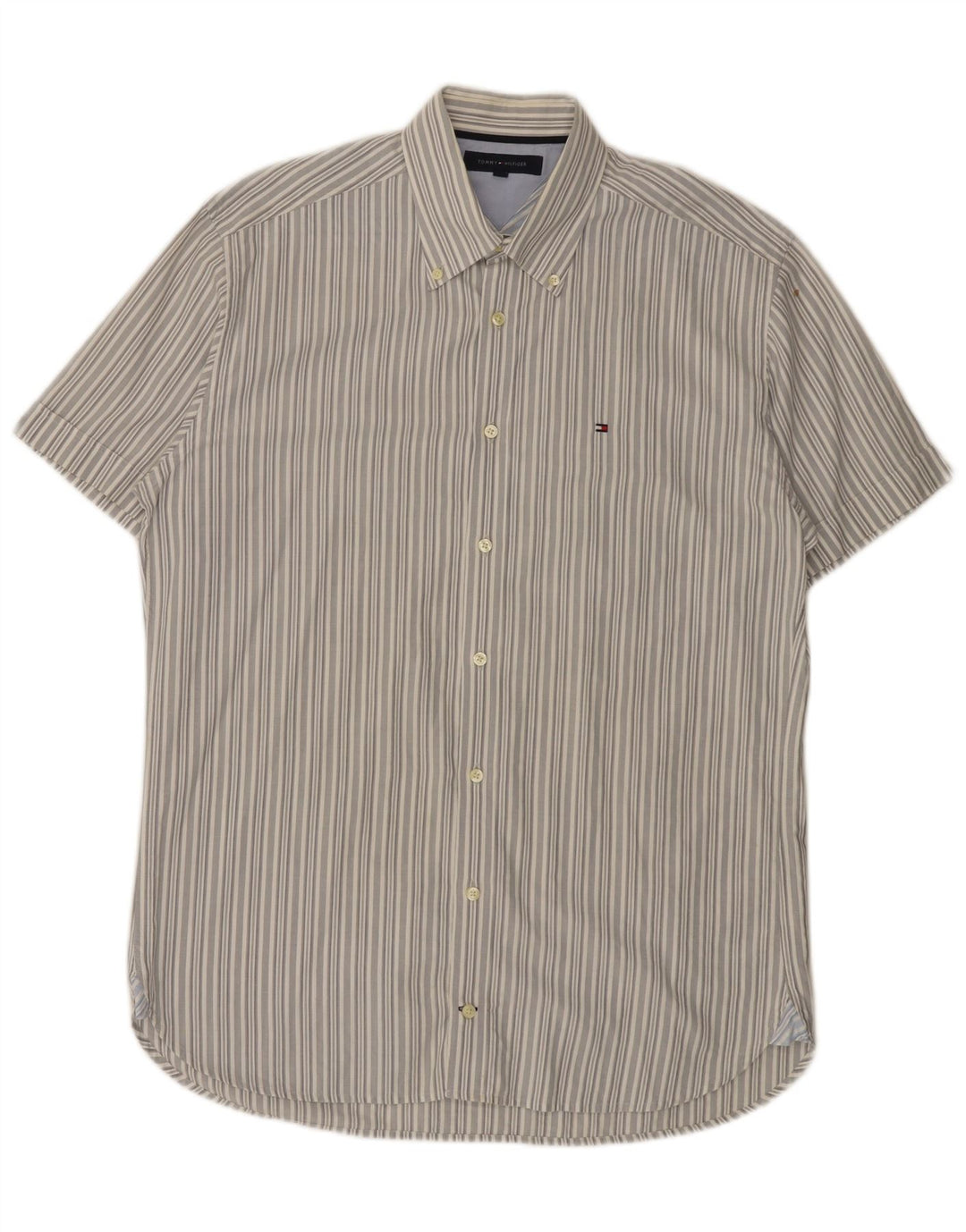 TOMMY HILFIGER Mens Short Sleeve Shirt Large Grey Striped Cotton