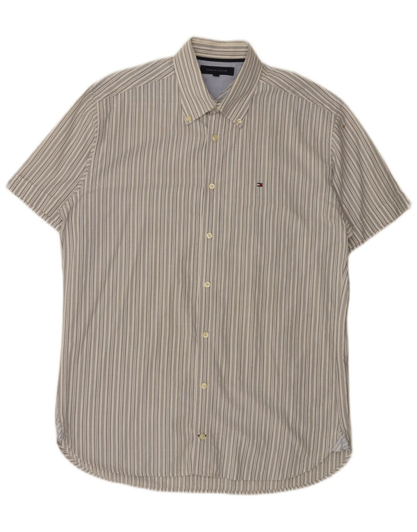 TOMMY HILFIGER Mens Short Sleeve Shirt Large Grey Striped Cotton