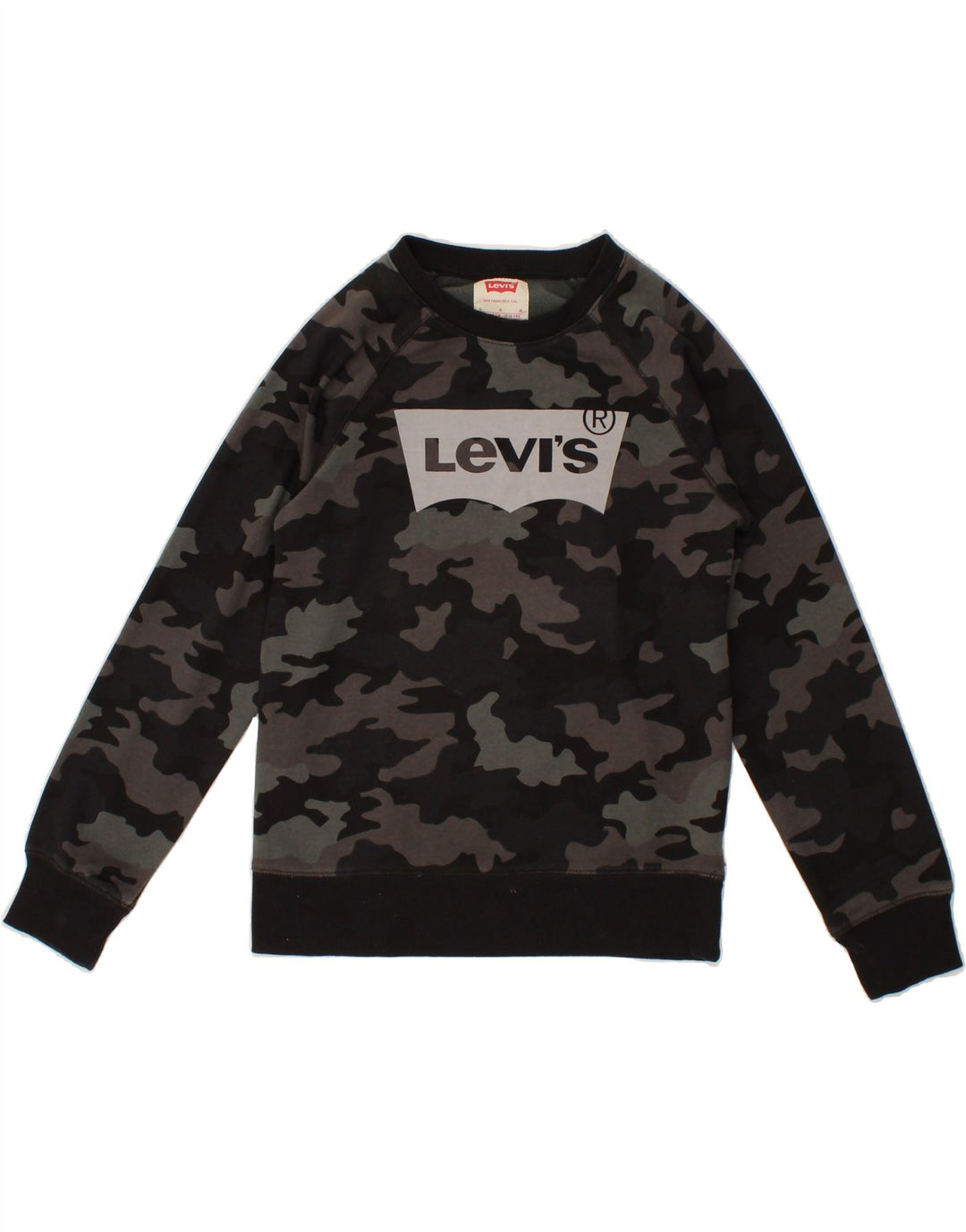 LEVI'S Boys Graphic Sweatshirt Jumper 12-13 Years Large Grey Camouflage Vintage Levi's and Second-Hand Levi's from Messina Hembry 