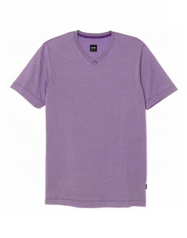 Hugo Boss Mens Regular Fit T-Shirt Top Large Purple Pinstripe Cotton
