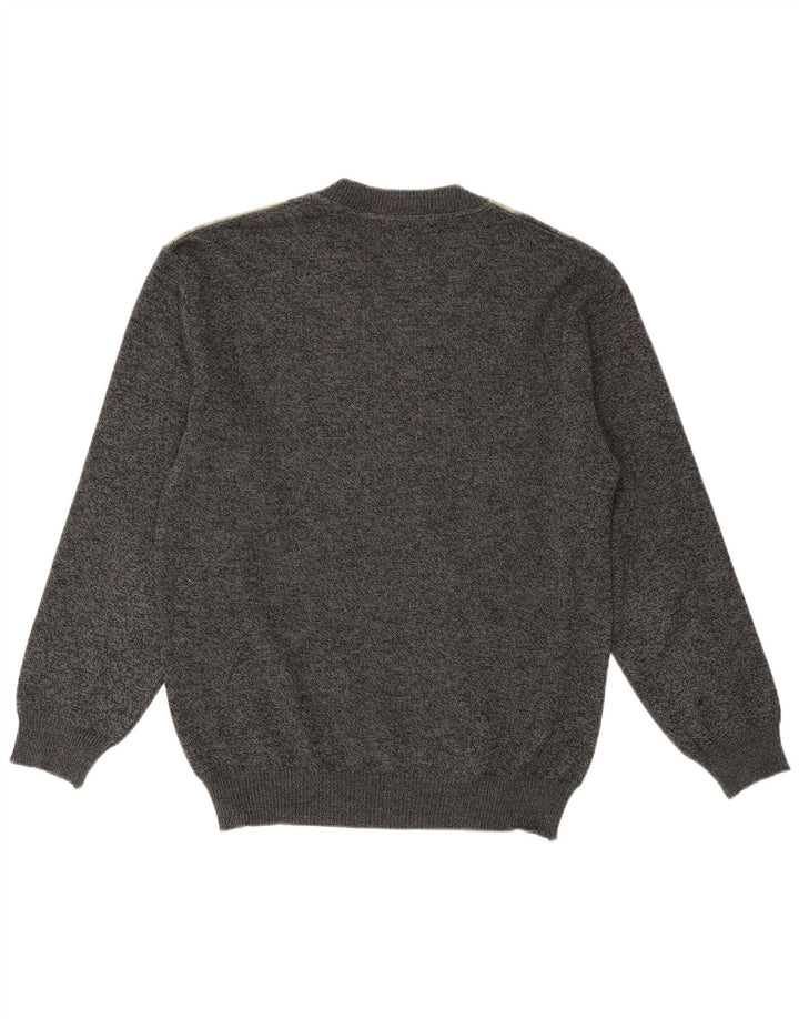 Vintage Mens V-Neck Jumper Sweater Medium Grey Geometric Merino Wool