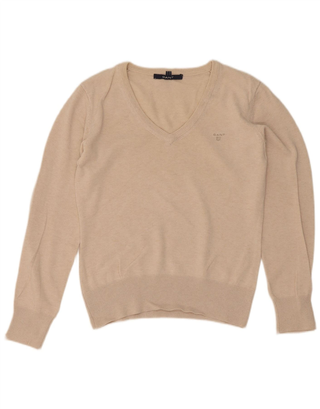Gant Womens V-Neck Jumper Sweater UK 12 Medium Beige Cotton