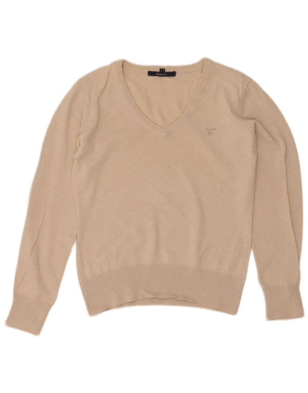 Gant Womens V-Neck Jumper Sweater UK 12 Medium Beige Cotton