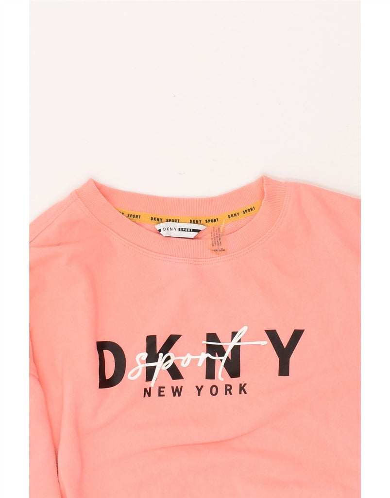 DKNY Womens Oversized Crop Graphic Sweatshirt Jumper UK 8 Small Pink | Vintage Dkny | Thrift | Second-Hand Dkny | Used Clothing | Messina Hembry 