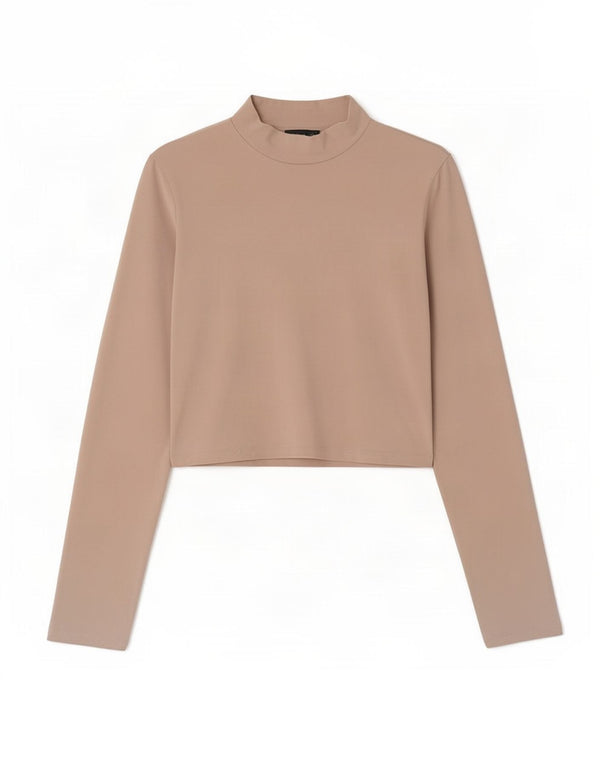 Zara Womens Crop Top Long Sleeve UK 10 Small Beige Cotton