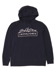 JACK & JONES Mens Graphic Hoodie Jumper Large Navy Blue Cotton