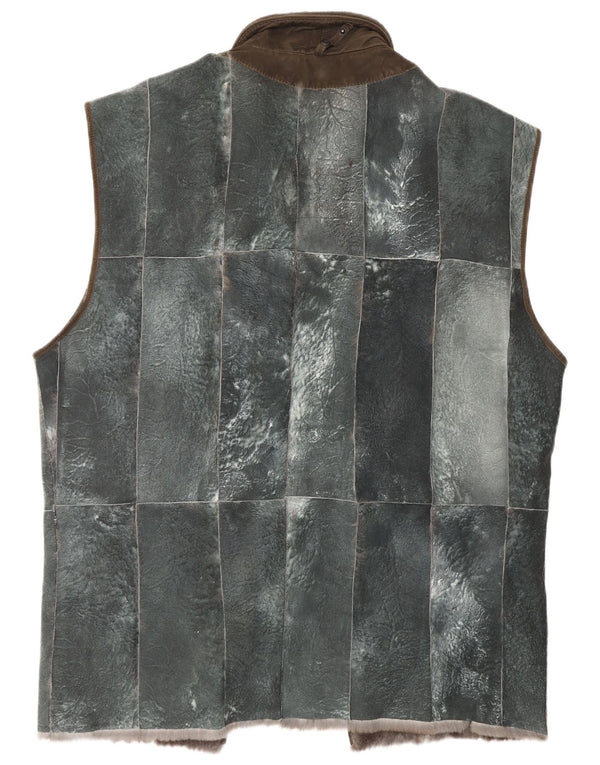 REIHER Mens Shearling Liner Leather Gilet EU 54 2XL Grey Patchwork Leather