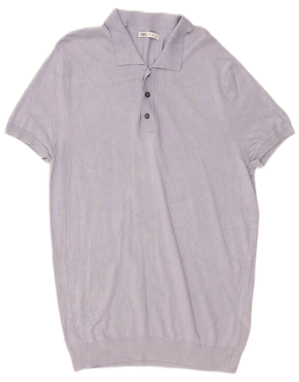 Zara Mens Short Sleeve Polo Neck Jumper Sweater Large Blue Viscose