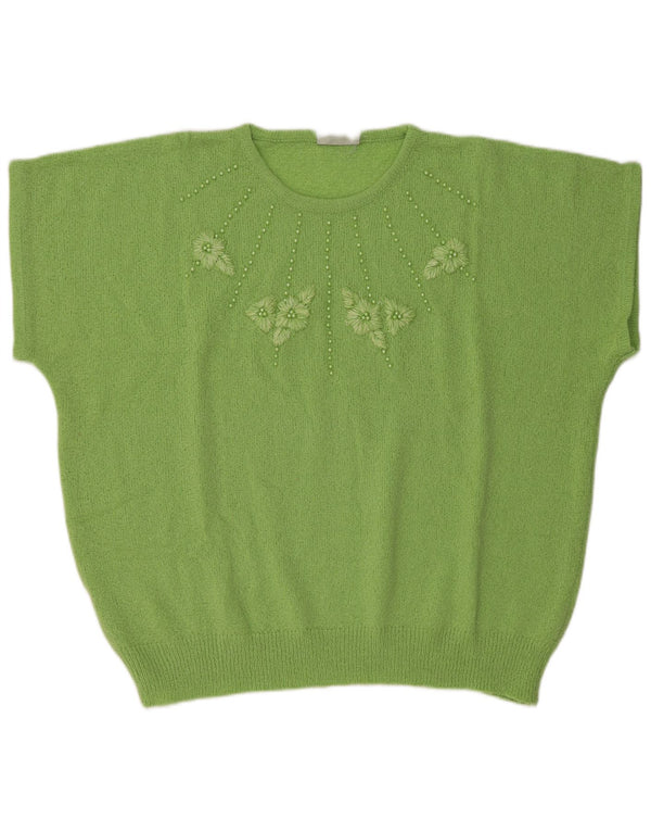 Vintage Womens Short Sleeve Crew Neck Jumper Sweater IT 58 5XL Green Floral