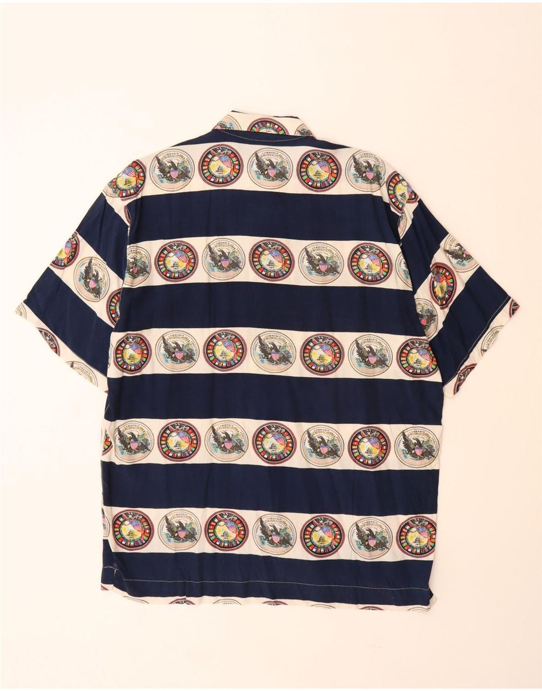 VINTAGE Mens Graphic Short Sleeve Shirt Large Navy Blue Striped Viscose