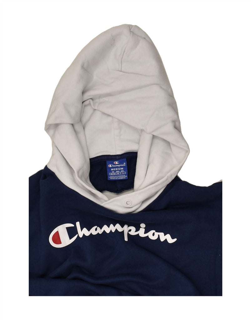 CHAMPION Womens Graphic Hoodie Jumper UK 14 Medium Navy Blue Colourblock | Vintage Champion | Thrift | Second-Hand Champion | Used Clothing | Messina Hembry 