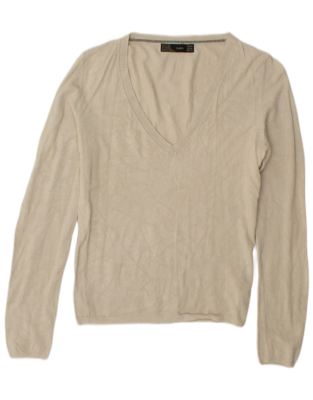 Zara Womens V-Neck Jumper Sweater UK 14 Medium Beige Rayon