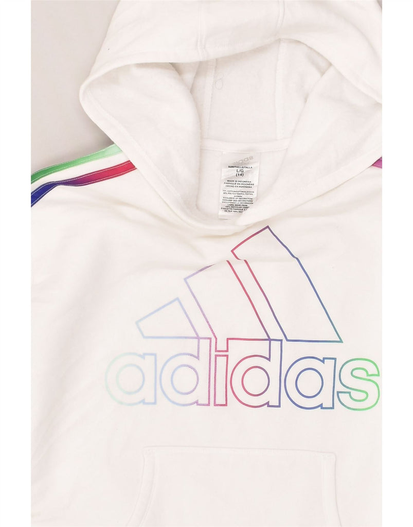 ADIDAS Girls Graphic Hoodie Jumper 13-14 Years Large White Striped Cotton | Vintage Adidas | Thrift | Second-Hand Adidas | Used Clothing | Messina Hembry 