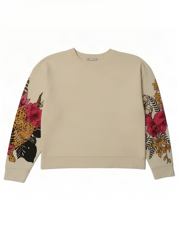 Zara Womens Graphic Oversized Sweatshirt Jumper UK 14 Medium White Floral