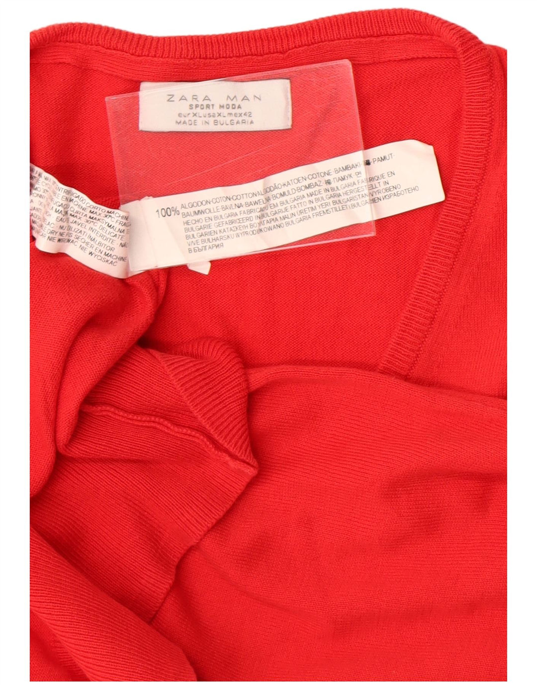 Zara Mens V-Neck Jumper Sweater XL Red Cotton