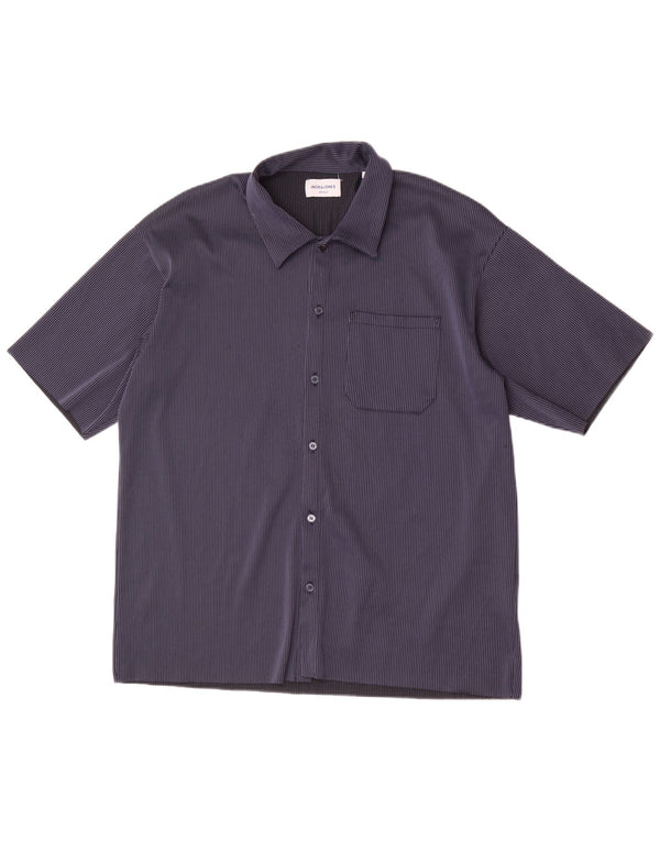 Jack & Jones Mens Short Sleeve Shirt Large Navy Blue Striped Polyester