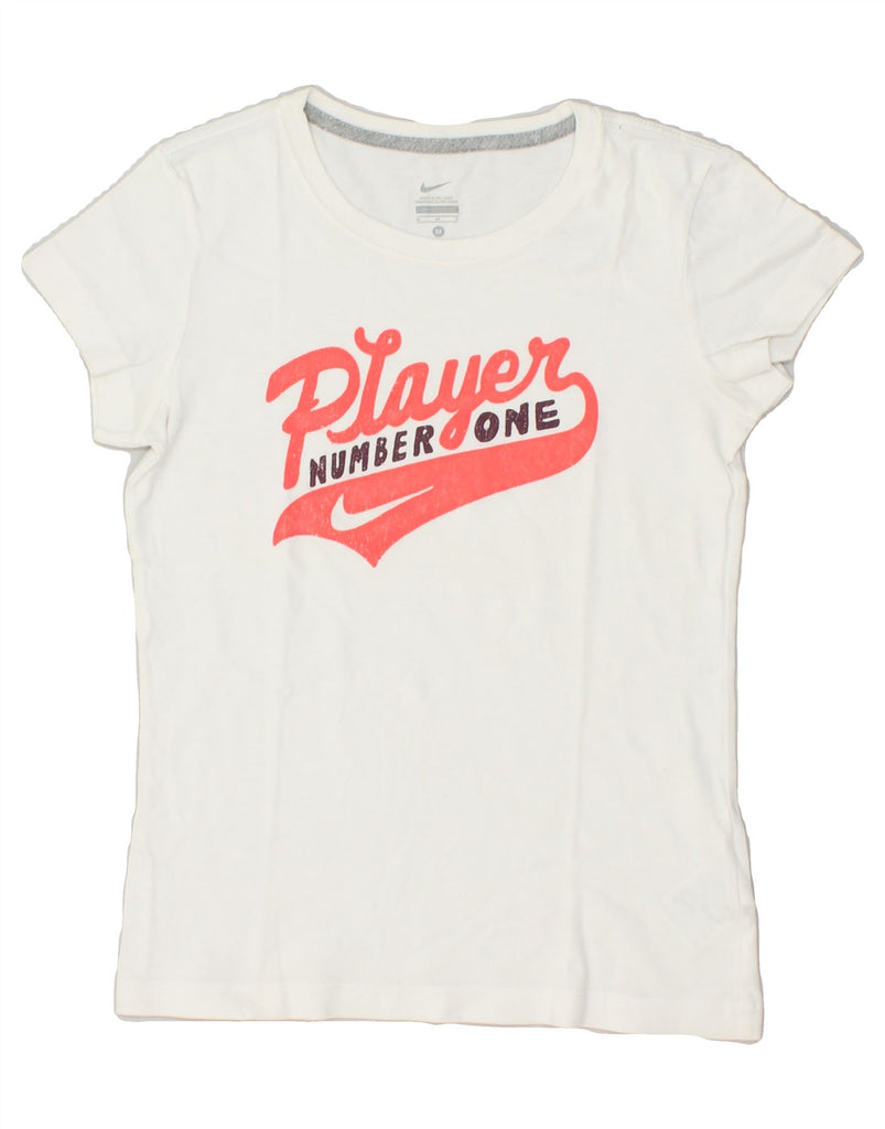 NIKE Womens Graphic T-Shirt Top UK 12 Medium White Cotton | Vintage Nike | Thrift | Second-Hand Nike | Used Clothing | Messina Hembry 