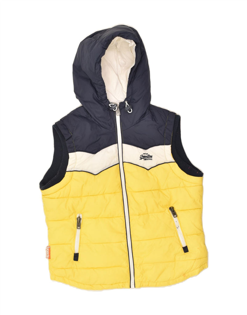 SUPERDRY Womens Hooded Padded Gilet UK 14 Large Yellow Colourblock | Vintage Superdry | Thrift | Second-Hand Superdry | Used Clothing | Messina Hembry 