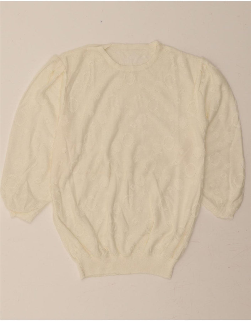 VINTAGE Womens 3/4 Sleeve Crew Neck Jumper Sweater UK 14 Medium Off White Vintage Vintage and Second-Hand Vintage from Messina Hembry 