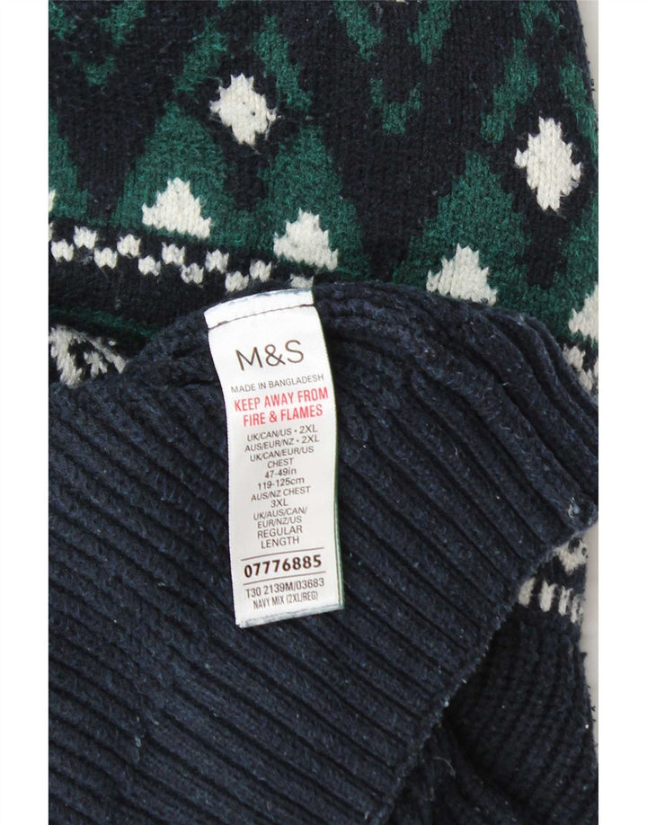 Marks & Spencer Mens Zip Neck Jumper Sweater 2XL Navy Blue Fair Isle