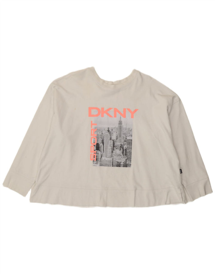 Dkny Womens Oversized Graphic Top Long Sleeve UK 14 Medium White Cotton