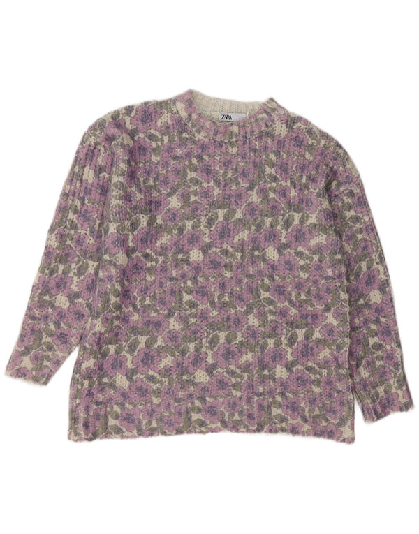 Zara Womens Oversized Crew Neck Jumper Sweater UK 10 Small Purple Floral