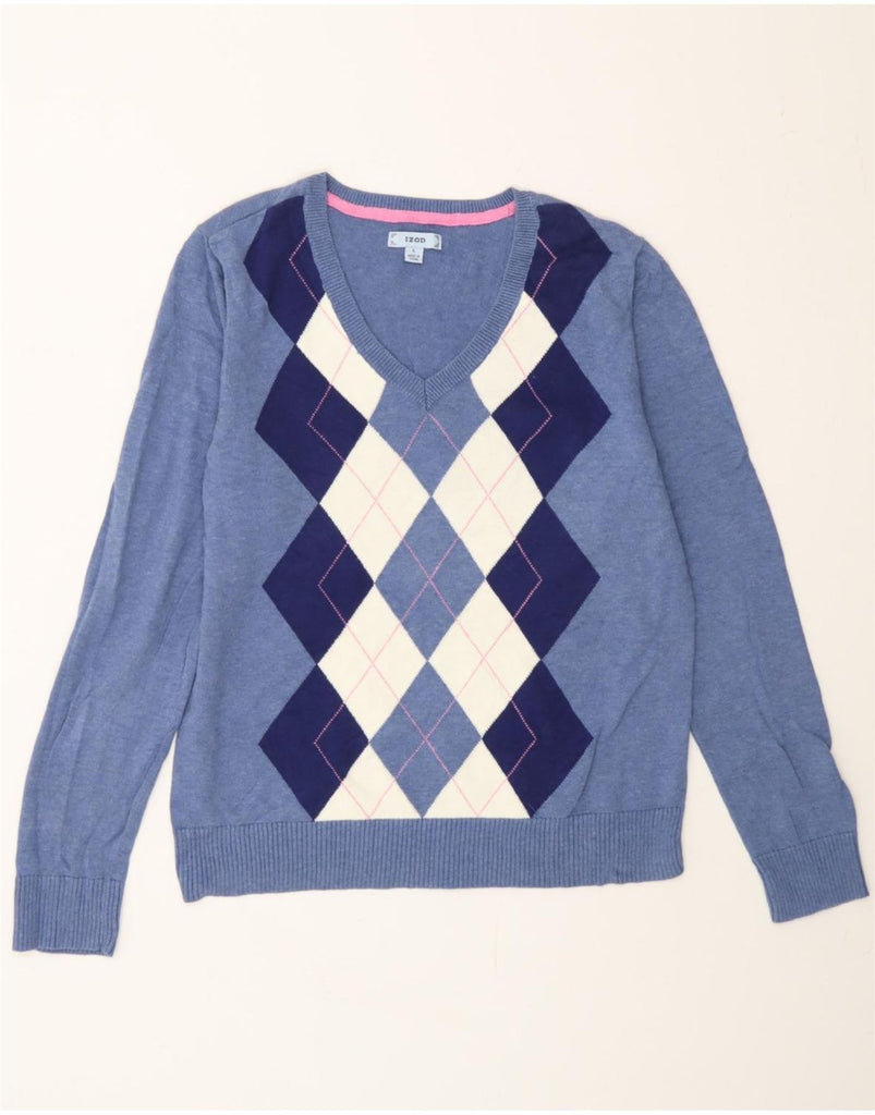 IZOD Womens V-Neck Jumper Sweater UK 14 Large Blue Argyle/Diamond Cotton Vintage Izod and Second-Hand Izod from Messina Hembry 