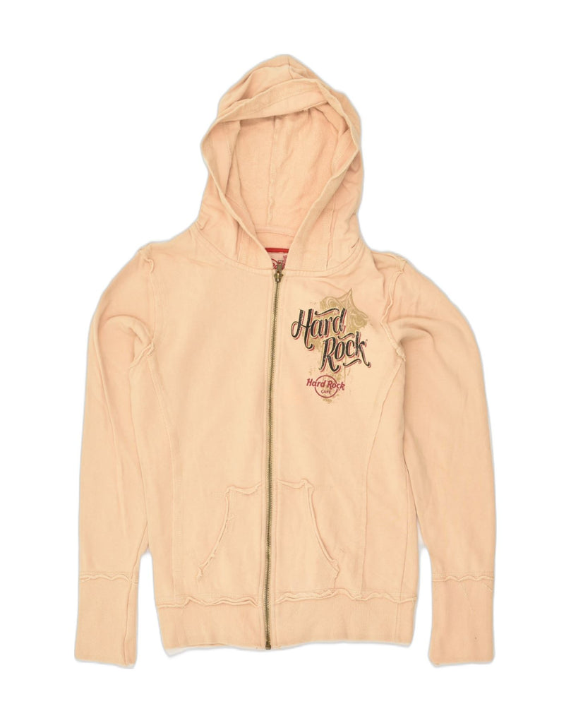 HARD ROCK CAFE Womens Graphic Zip Hoodie Sweater UK 8 Small Beige Cotton | Vintage Hard Rock Cafe | Thrift | Second-Hand Hard Rock Cafe | Used Clothing | Messina Hembry 