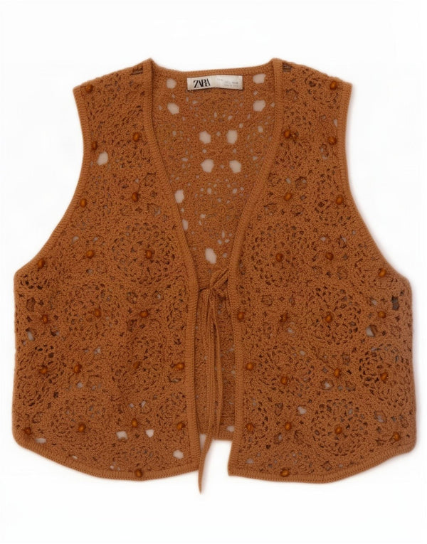 Zara Womens Crochet Waistcoat UK 12 Medium Beige Cotton