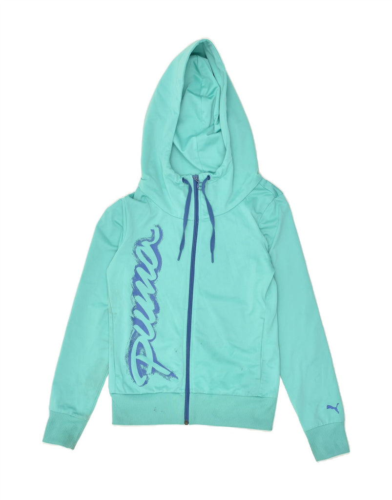 PUMA Womens Graphic Zip Hoodie Sweater UK 8 Small Turquoise Polyester | Vintage Puma | Thrift | Second-Hand Puma | Used Clothing | Messina Hembry 