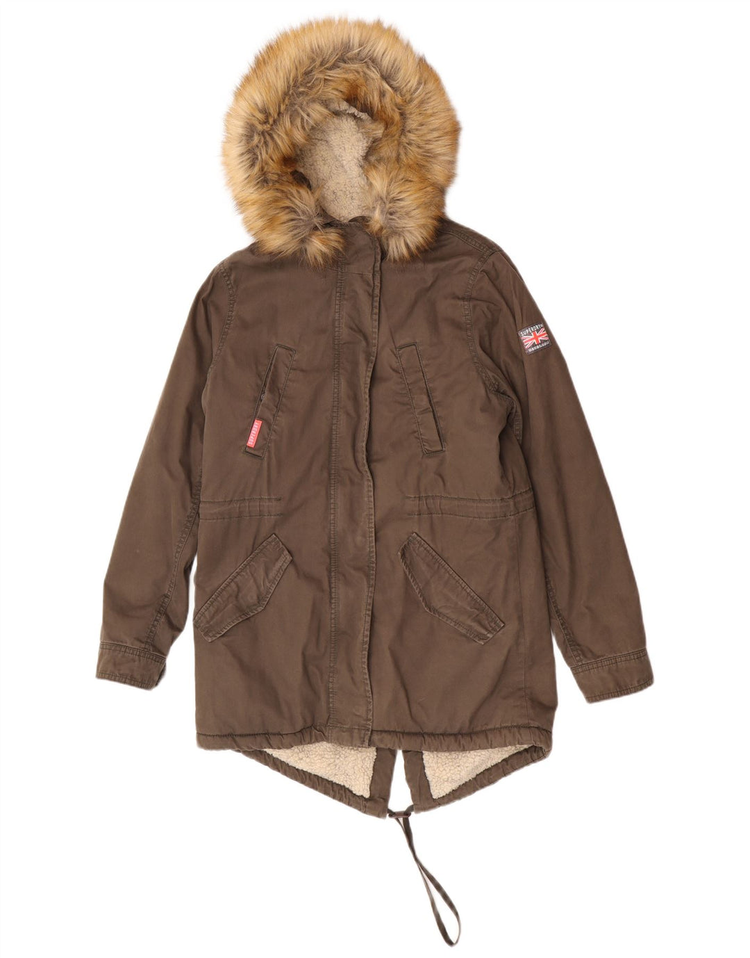 Superdry Womens Oversized Hooded Sherpa Parka Jacket UK 10 Small Khaki