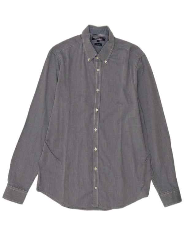 Tommy Hilfiger Mens Slim Fit Shirt Large Navy Blue Herringbone Cotton