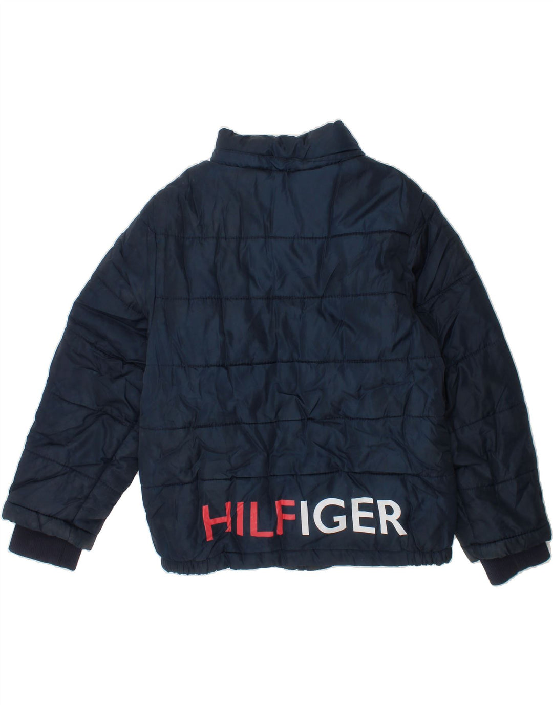 TOMMY HILFIGER Boys Graphic Padded Jacket 5-6 Years Navy Blue Colourblock Vintage Tommy Hilfiger and Second-Hand Tommy Hilfiger from Messina Hembry 