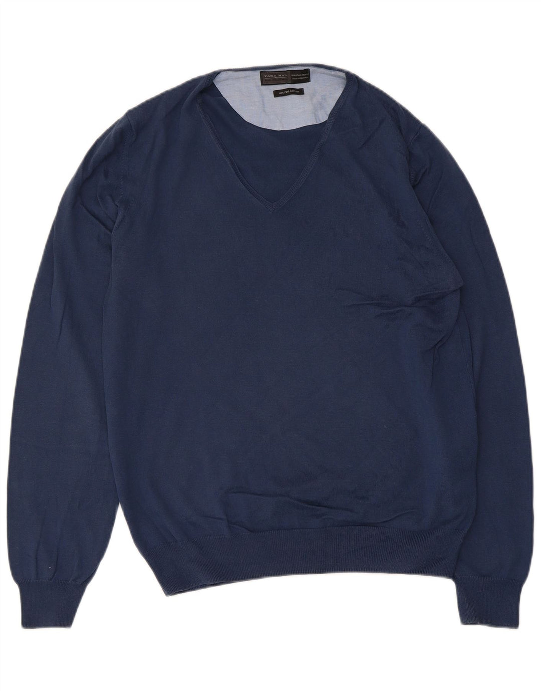 Zara Mens V-Neck Jumper Sweater Large Navy Blue Cotton
