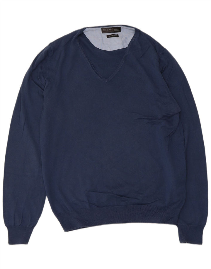 Zara Mens V-Neck Jumper Sweater Large Navy Blue Cotton