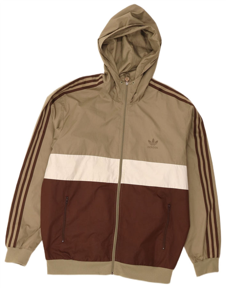 Adidas Mens Hooded Tracksuit Top Jacket Large Khaki Colourblock Polyester