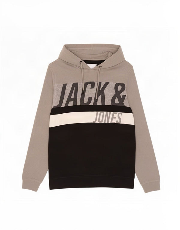 Jack & Jones Mens Graphic Hoodie Jumper Medium Grey Colourblock Cotton