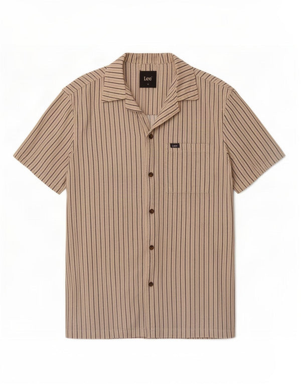 Lee Mens Short Sleeve Shirt Medium Beige Pinstripe Cotton
