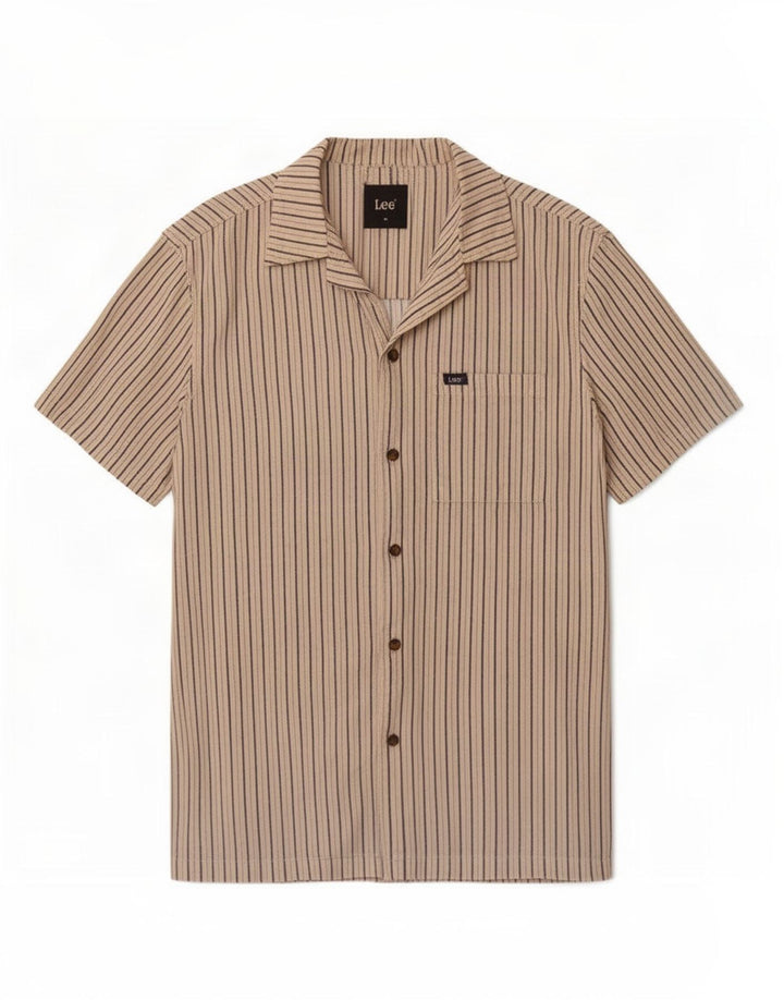 Lee Mens Short Sleeve Shirt Medium Beige Pinstripe Cotton
