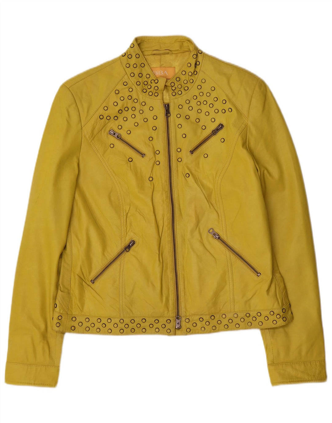 Biba Womens Leather Jacket UK 14 Medium Yellow Spotted Leather