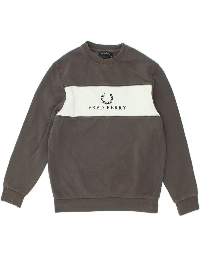 FRED PERRY Boys Graphic Sweatshirt Jumper 12-13 Years Medium Grey Cotton | Vintage Fred Perry | Thrift | Second-Hand Fred Perry | Used Clothing | Messina Hembry 