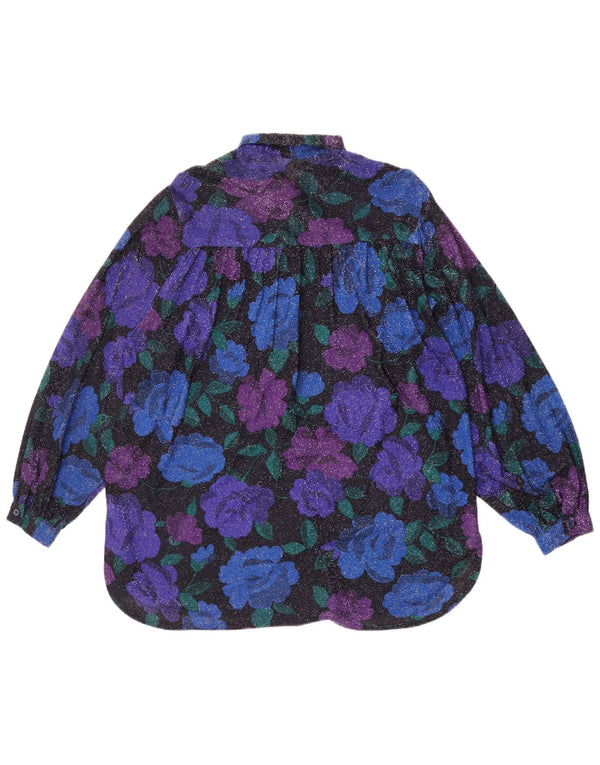 Vintage Womens Oversized Shirt Blouse UK 16 Large Blue Floral
