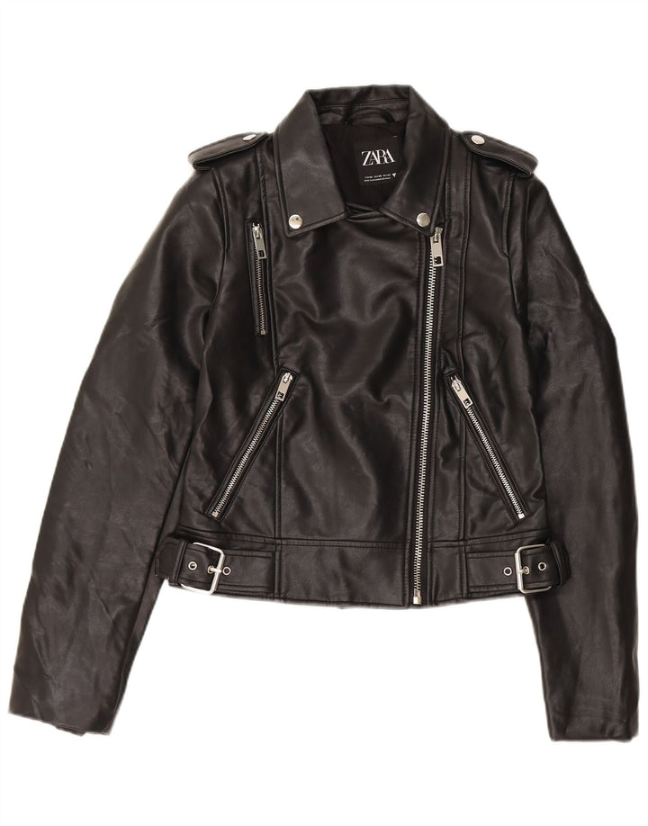 Zara Womens Crop Faux Leather Biker Jacket UK 6 XS Black Polyurethane